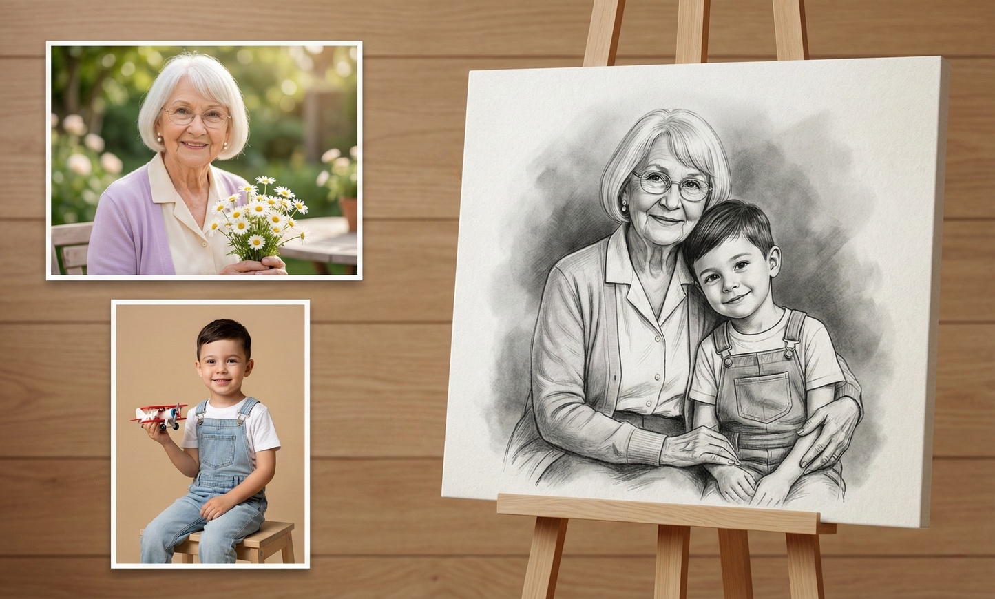 Custom Charcoal Family Portrait From Photos - Add Loved One, Merge People & Pets